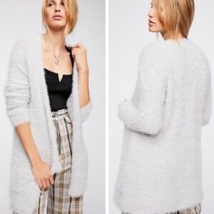 Free People Faux Fur Open Cardigan in the color Silver Cloud Size Large